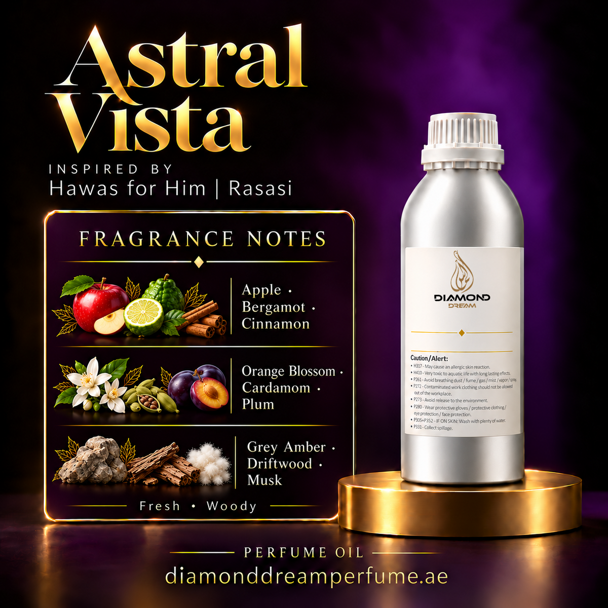 Astral Vista perfume oil — inspired by Hawas for Him | Rasasi; notes: Apple · Bergamot · Cinnamon; Orange Blossom · Cardamom · Plum; Grey Amber · Driftwood · Musk.