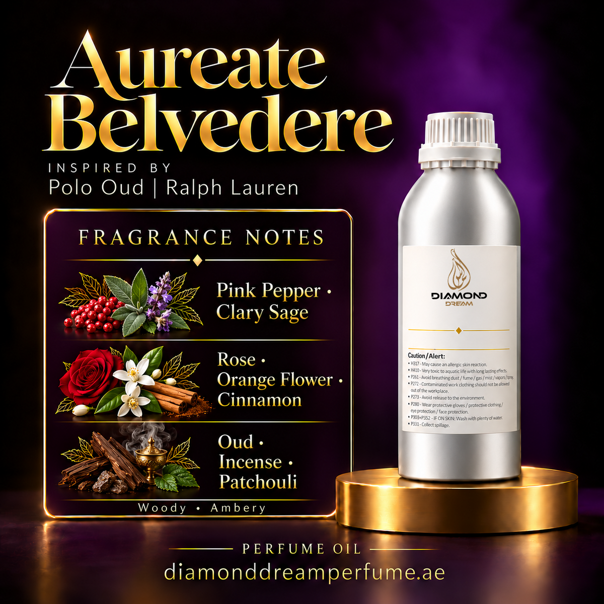Aureate Belvedere perfume oil — inspired by Polo Oud | Ralph Lauren; notes: Pink Pepper · Clary Sage; Rose · Orange Flower · Cinnamon; Oud · Incense · Patchouli.