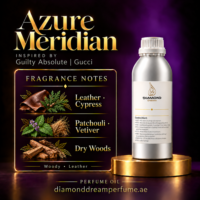 Azure Meridian perfume oil — inspired by Guilty Absolute | Gucci; notes: Leather · Cypress; Patchouli · Vetiver; Dry Woods.
