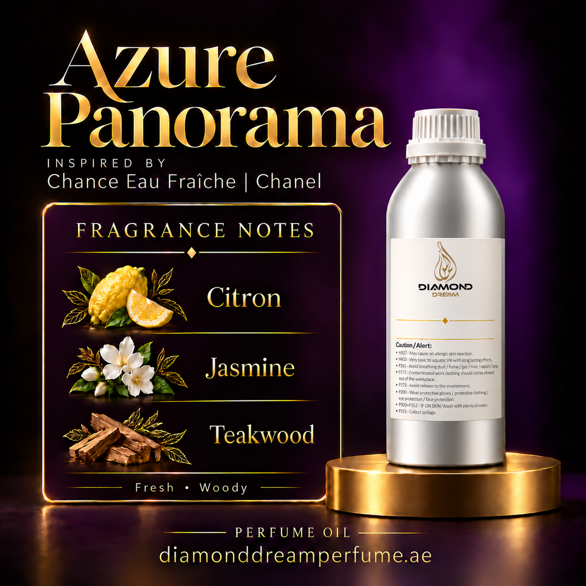 Azure Panorama perfume oil — inspired by Chance Eau Fraîche | Chanel; illustrated citron, jasmine and teakwood notes.