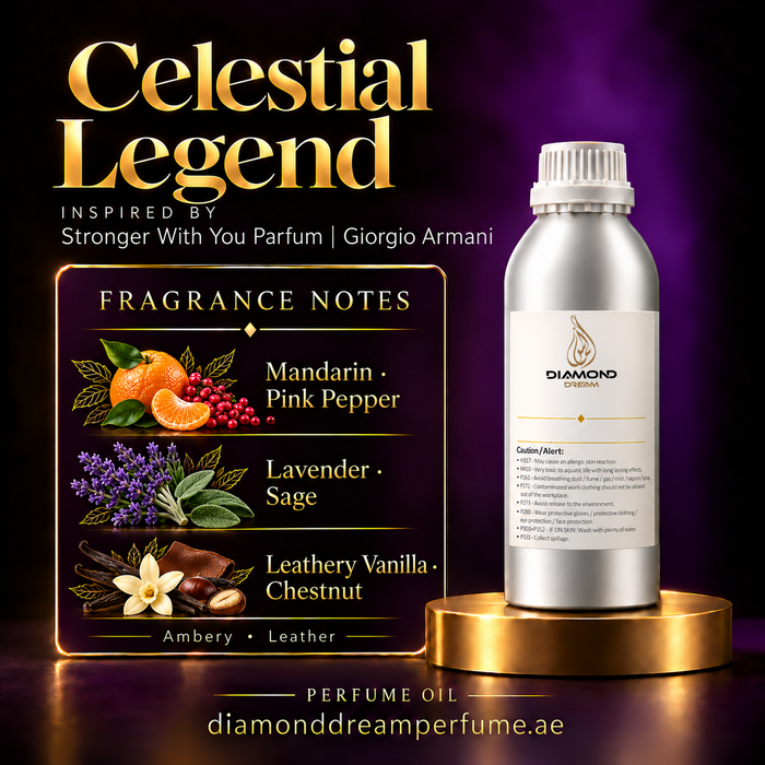 Celestial Legend perfume oil — inspired by Stronger With You Parfum | Giorgio Armani; notes: Mandarin · Pink Pepper; Lavender · Sage; Leathery Vanilla · Chestnut.