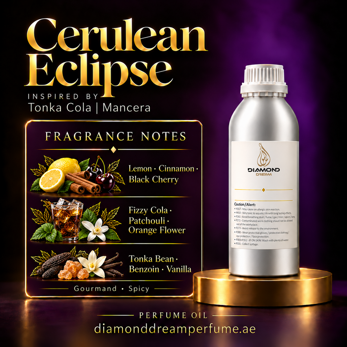Cerulean Eclipse perfume oil — inspired by Tonka Cola | Mancera; notes: Lemon · Cinnamon · Black Cherry; Fizzy Cola · Patchouli · Orange Flower; Tonka Bean · Benzoin · Vanilla.