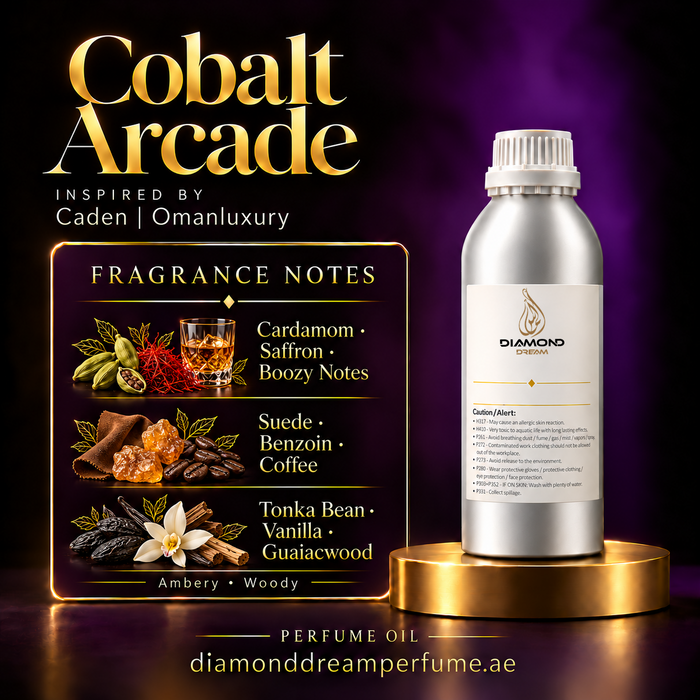 Cobalt Arcade perfume oil — inspired by Caden | Omanluxury; notes: Cardamom · Saffron · Boozy Notes; Suede · Benzoin · Coffee; Tonka Bean · Vanilla · Guaiacwood.