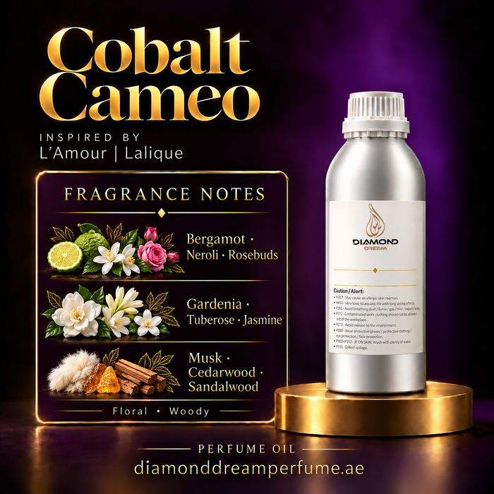 Cobalt Cameo perfume oil — inspired by L’Amour | Lalique; notes: Bergamot · Neroli · Rosebuds; Gardenia · Tuberose · Jasmine; Musk · Cedarwood · Sandalwood.