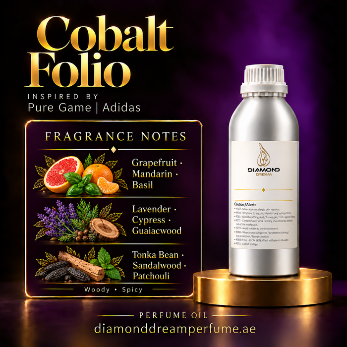 Cobalt Folio perfume oil — inspired by Pure Game | Adidas; notes: Grapefruit · Mandarin · Basil; Lavender · Cypress · Guaiacwood; Tonka Bean · Sandalwood · Patchouli.