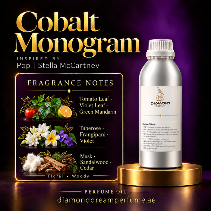 Cobalt Monogram perfume oil — inspired by Pop | Stella McCartney; notes: Tomato Leaf · Violet Leaf · Green Mandarin; Tuberose · Frangipani · Violet; Musk · Sandalwood · Cedar.