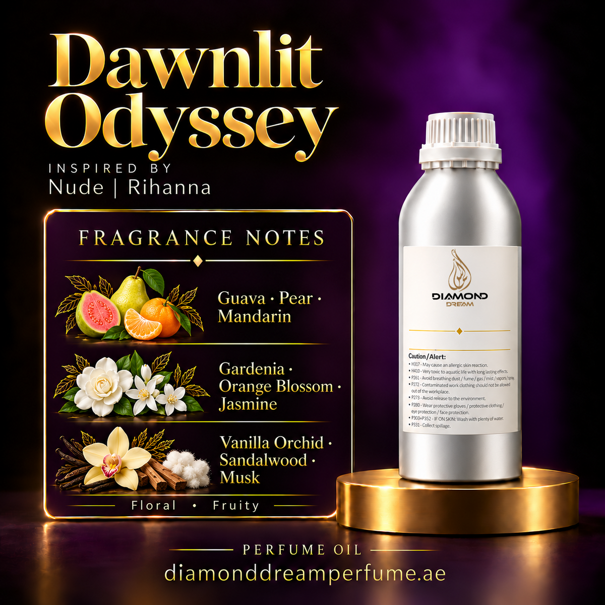 Dawnlit Odyssey perfume oil — inspired by Nude | Rihanna; notes: Guava · Pear · Mandarin; Gardenia · Orange Blossom · Jasmine; Vanilla Orchid · Sandalwood · Musk.