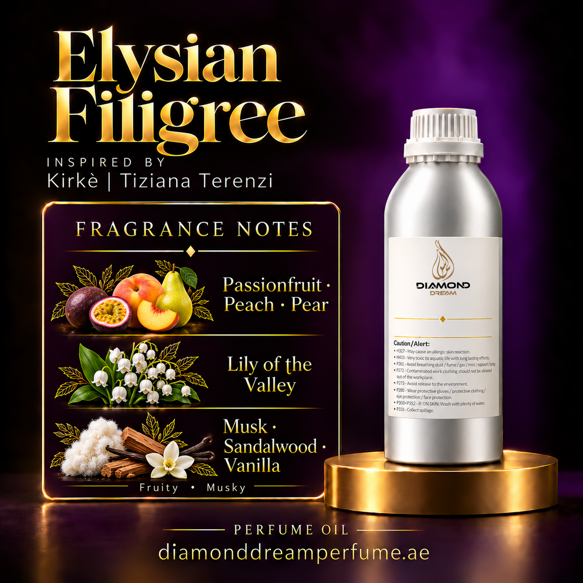 Elysian Filigree perfume oil — inspired by Kirkè | Tiziana Terenzi; notes: Passionfruit · Peach · Pear; Lily of the Valley; Musk · Sandalwood · Vanilla.