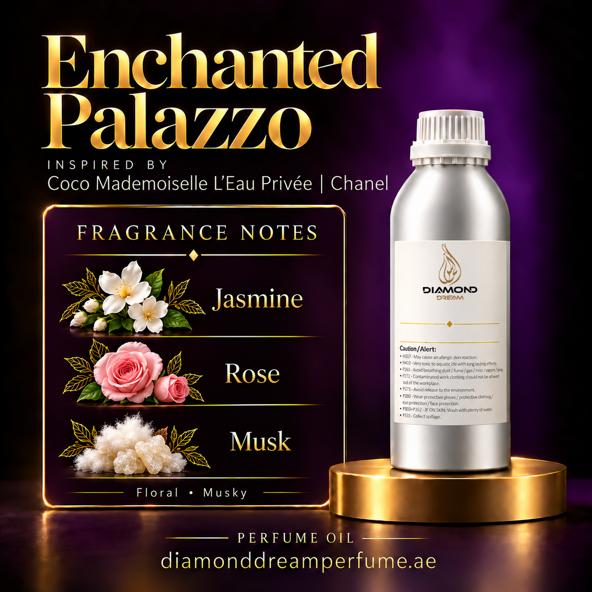 Enchanted Palazzo perfume oil — inspired by Coco Mademoiselle L’Eau Privée | Chanel; jasmine, rose and musk notes.