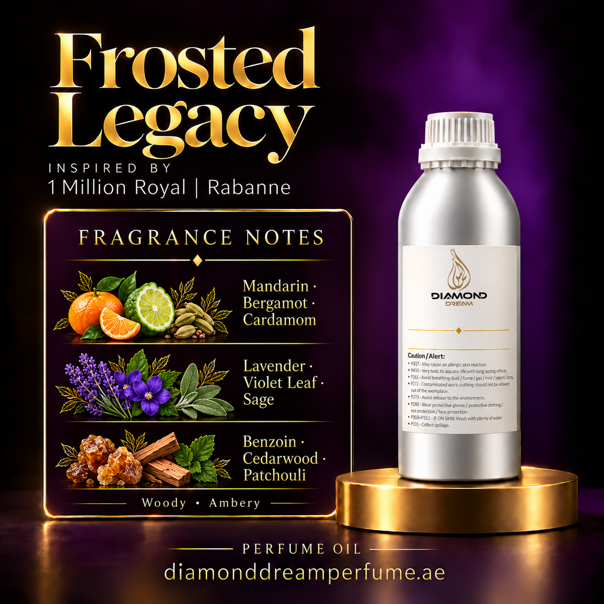 Frosted Legacy perfume oil — inspired by 1 Million Royal | Rabanne; notes: Mandarin · Bergamot · Cardamom; Lavender · Violet Leaf · Sage; Benzoin · Cedarwood · Patchouli.