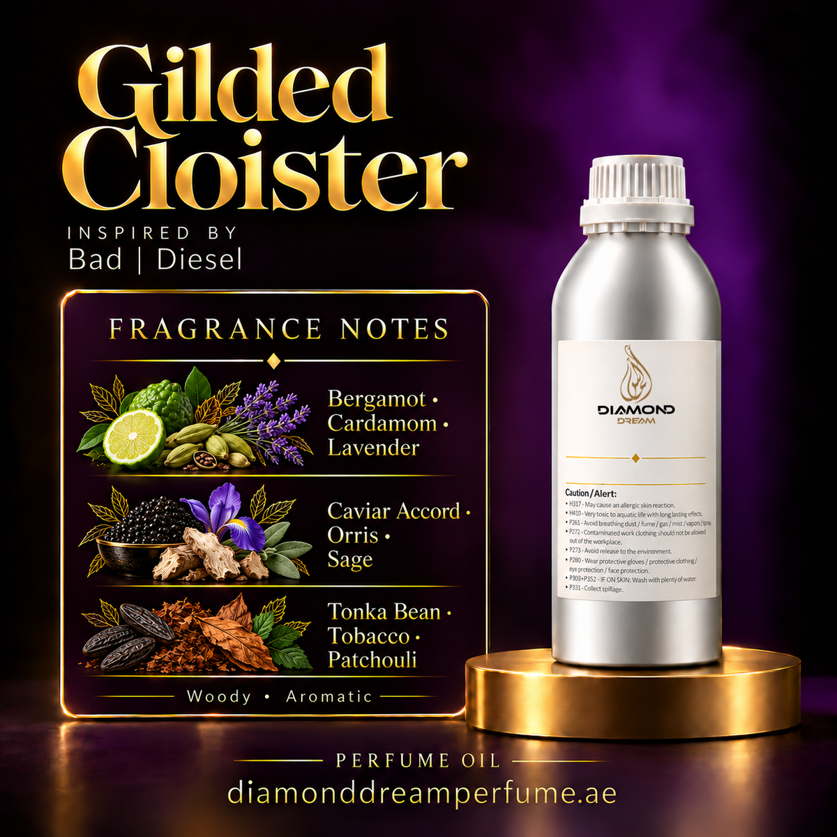 Gilded Cloister perfume oil — inspired by Bad | Diesel; notes: Bergamot · Cardamom · Lavender; Caviar Accord · Orris · Sage; Tonka Bean · Tobacco · Patchouli.