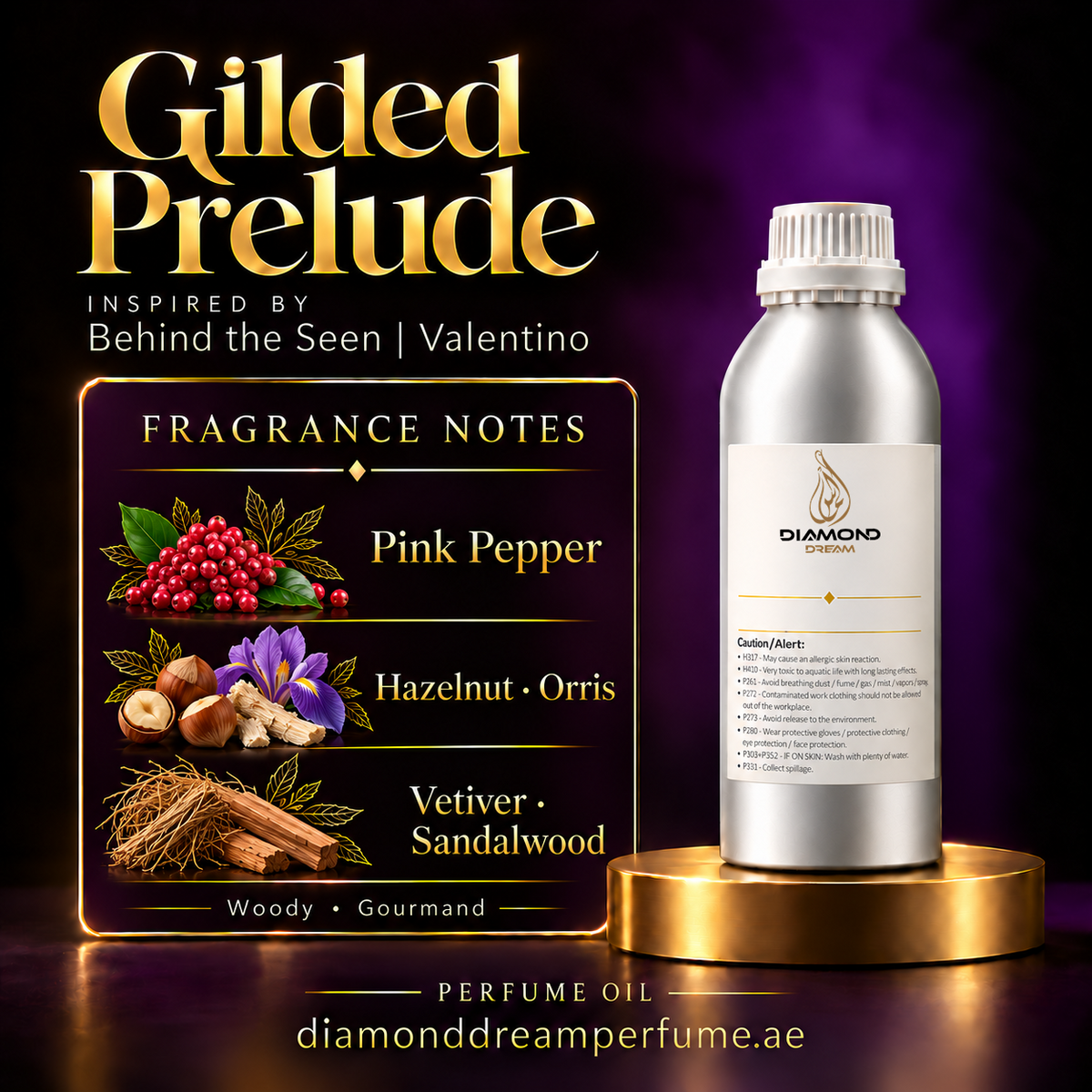 Gilded Prelude perfume oil — inspired by Behind the Seen | Valentino; notes: Pink Pepper; Hazelnut · Orris; Vetiver · Sandalwood.