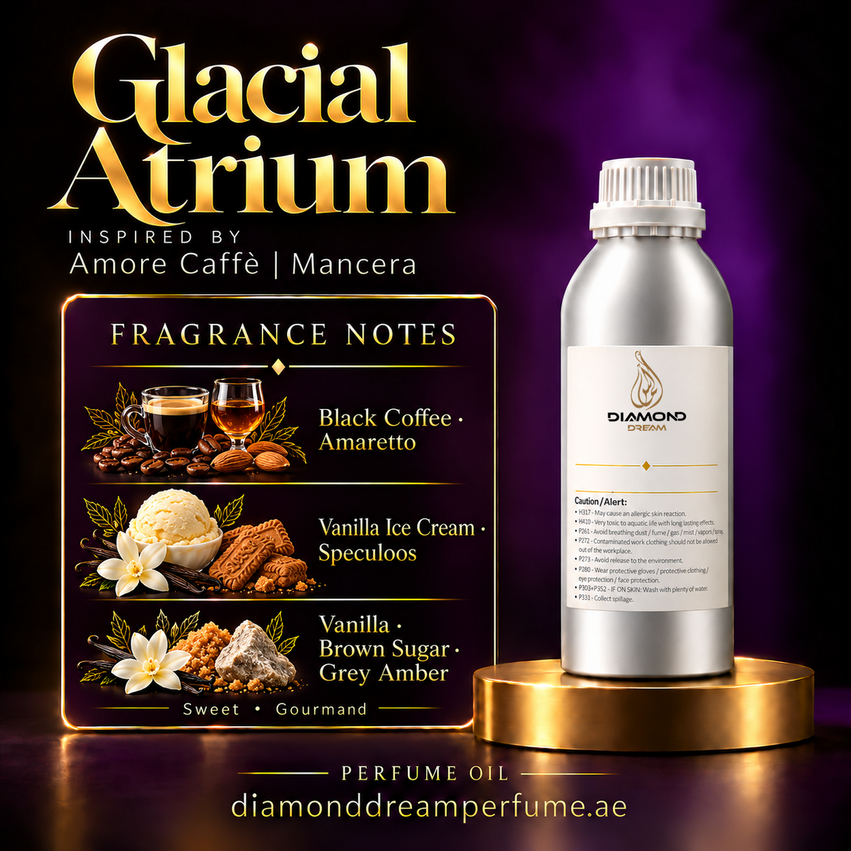 Glacial Atrium perfume oil — inspired by Amore Caffè | Mancera; notes: Black Coffee · Amaretto; Vanilla Ice Cream · Speculoos; Vanilla · Brown Sugar · Grey Amber.