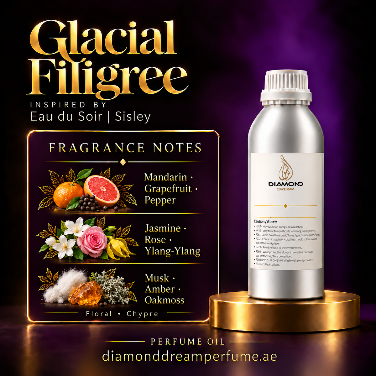 Glacial Filigree perfume oil — inspired by Eau du Soir | Sisley; notes: Mandarin · Grapefruit · Pepper; Jasmine · Rose · Ylang-Ylang; Musk · Amber · Oakmoss.