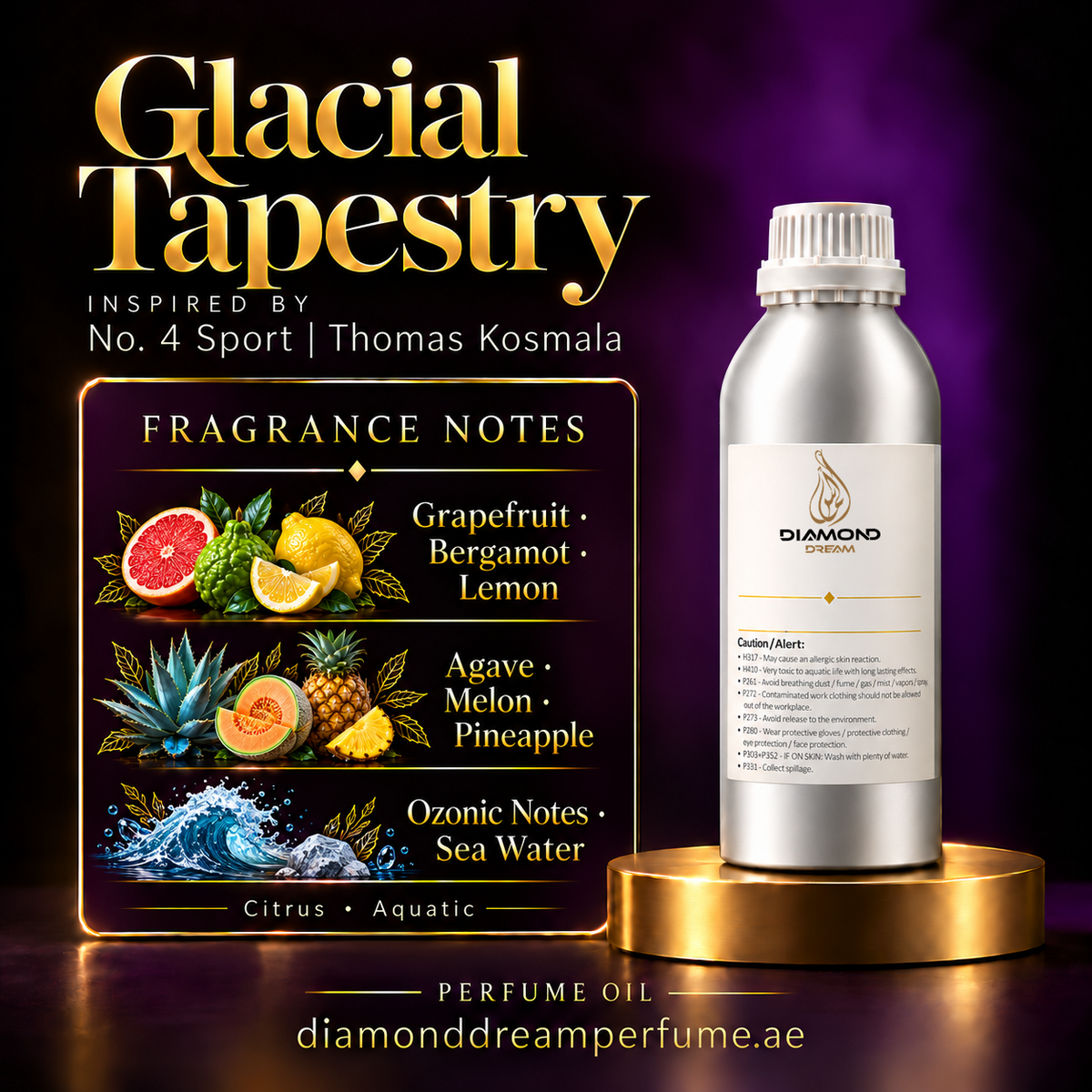 Glacial Tapestry perfume oil — inspired by No. 4 Sport | Thomas Kosmala; notes: Grapefruit · Bergamot · Lemon; Agave · Melon · Pineapple; Ozonic Notes · Sea Water.