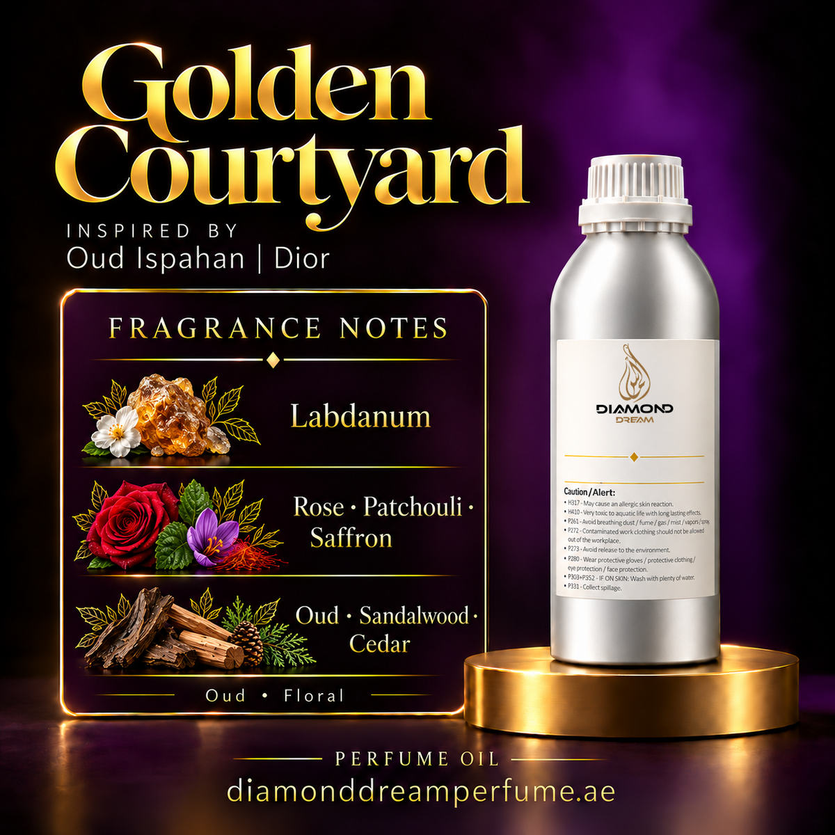 Golden Courtyard perfume oil — inspired by Oud Ispahan | Dior; notes: Labdanum; Rose · Patchouli · Saffron; Oud · Sandalwood · Cedar.