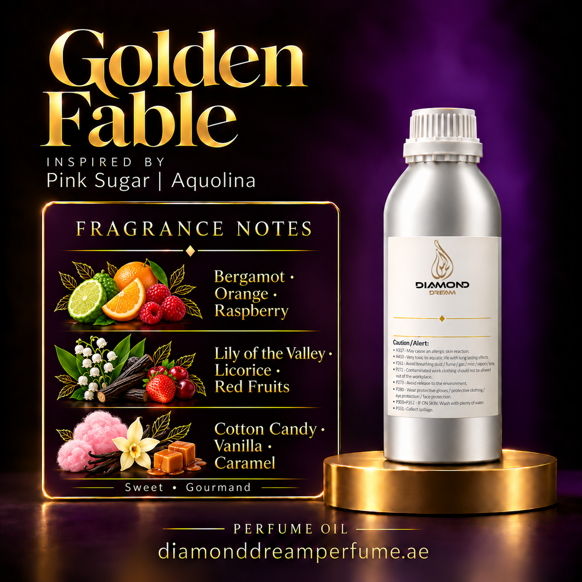Golden Fable perfume oil — inspired by Pink Sugar | Aquolina; notes: Bergamot · Orange · Raspberry; Lily of the Valley · Licorice · Red Fruits; Cotton Candy · Vanilla · Caramel.