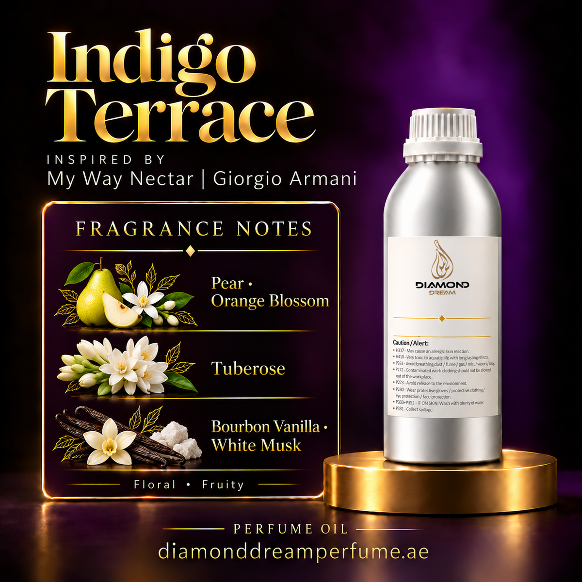 Indigo Terrace perfume oil — inspired by My Way Nectar | Giorgio Armani; notes: Pear · Orange Blossom; Tuberose; Bourbon Vanilla · White Musk.
