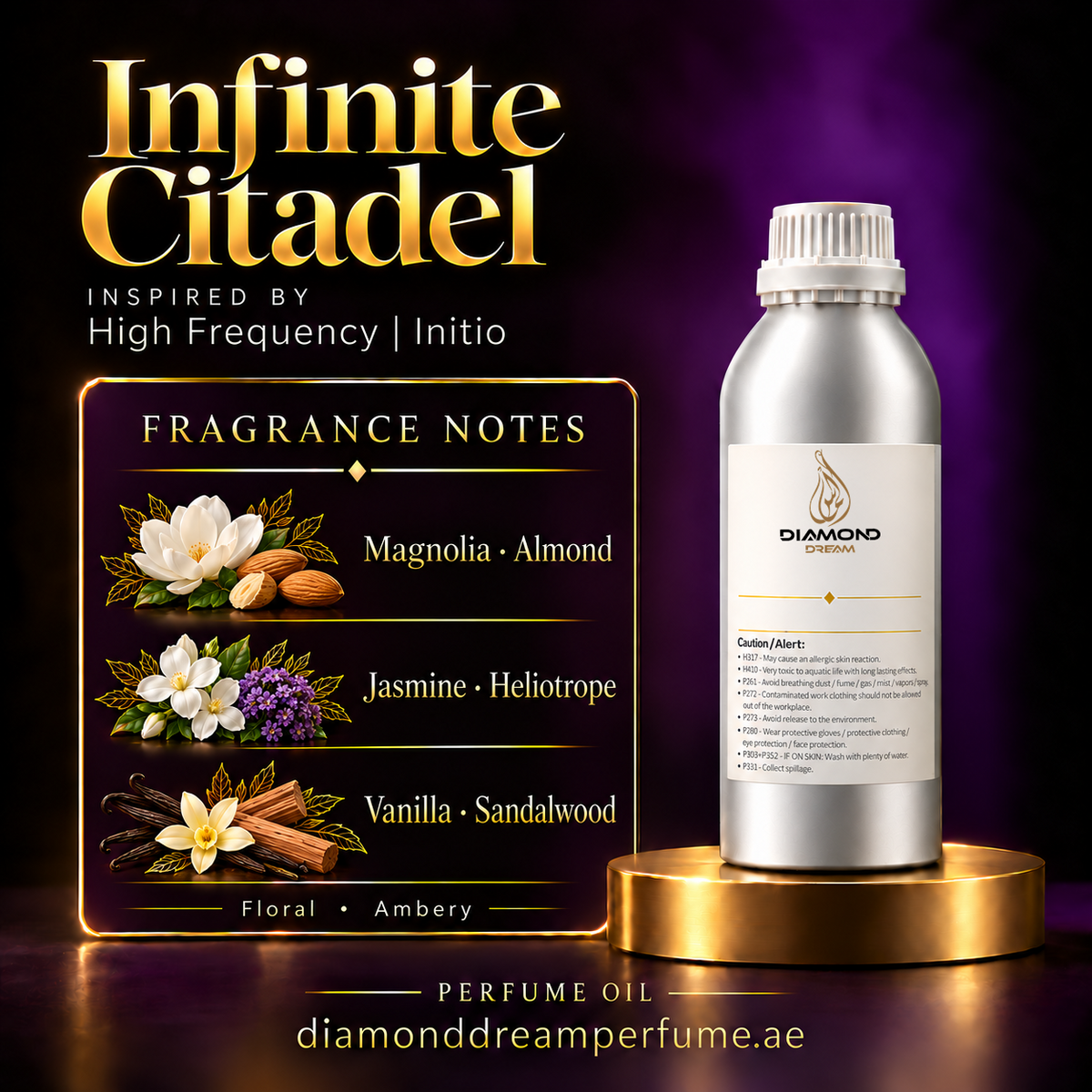 Infinite Citadel perfume oil — inspired by High Frequency | Initio; notes: Magnolia · Almond; Jasmine · Heliotrope; Vanilla · Sandalwood.