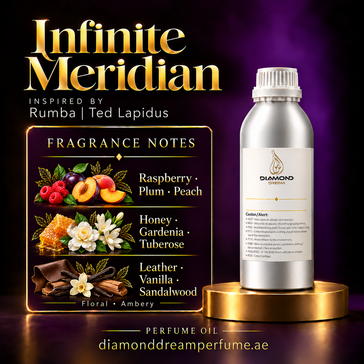 Infinite Meridian perfume oil — inspired by Rumba | Ted Lapidus; notes: Raspberry · Plum · Peach; Honey · Gardenia · Tuberose; Leather · Vanilla · Sandalwood.
