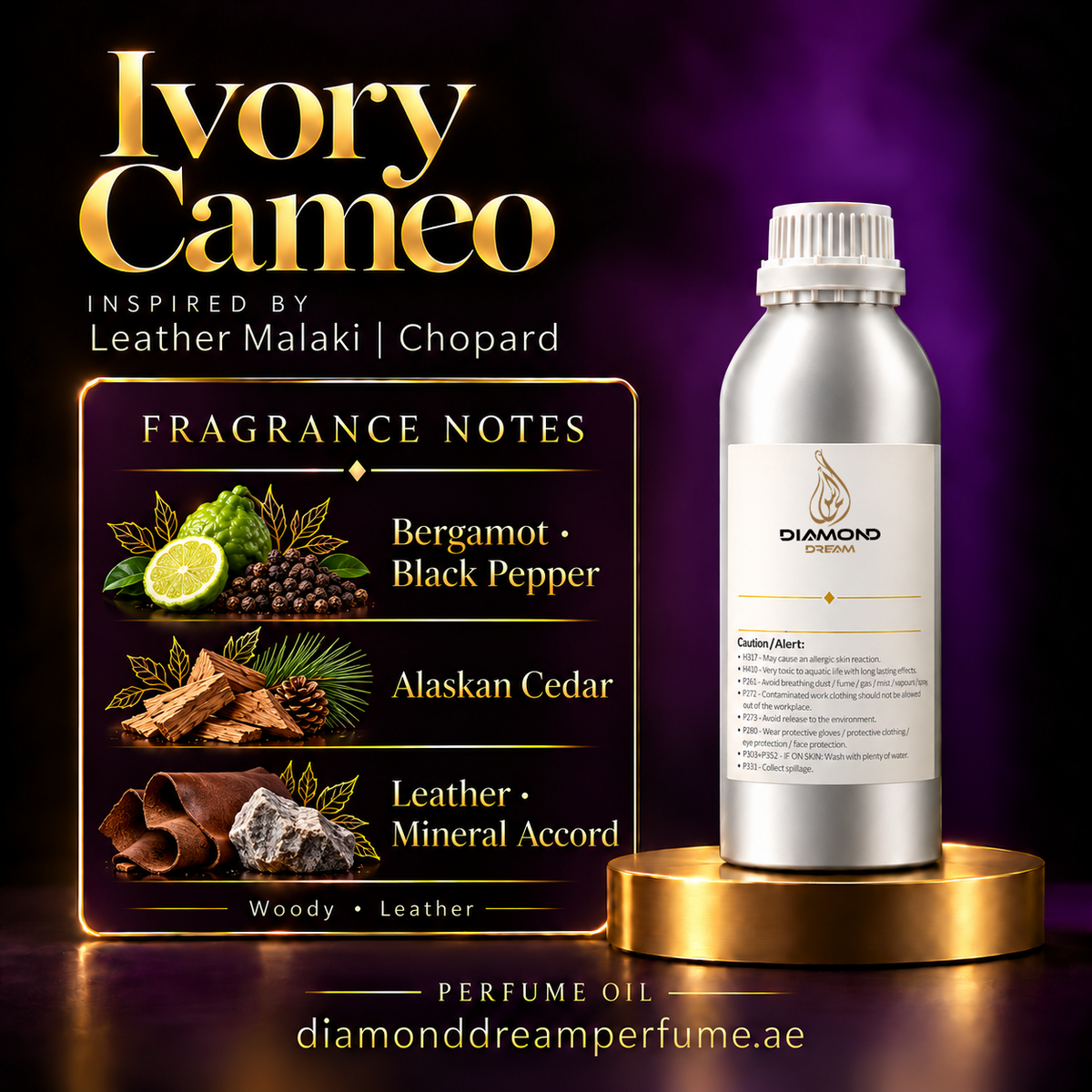 Ivory Cameo perfume oil — inspired by Leather Malaki | Chopard; notes: Bergamot · Black Pepper; Alaskan Cedar; Leather · Mineral Accord.