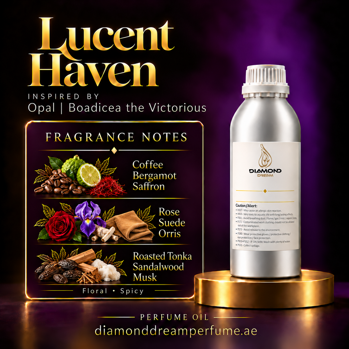 Lucent Haven perfume oil — inspired by Opal | Boadicea the Victorious; notes: Coffee · Bergamot · Saffron; Rose · Suede · Orris; Roasted Tonka · Sandalwood · Musk.