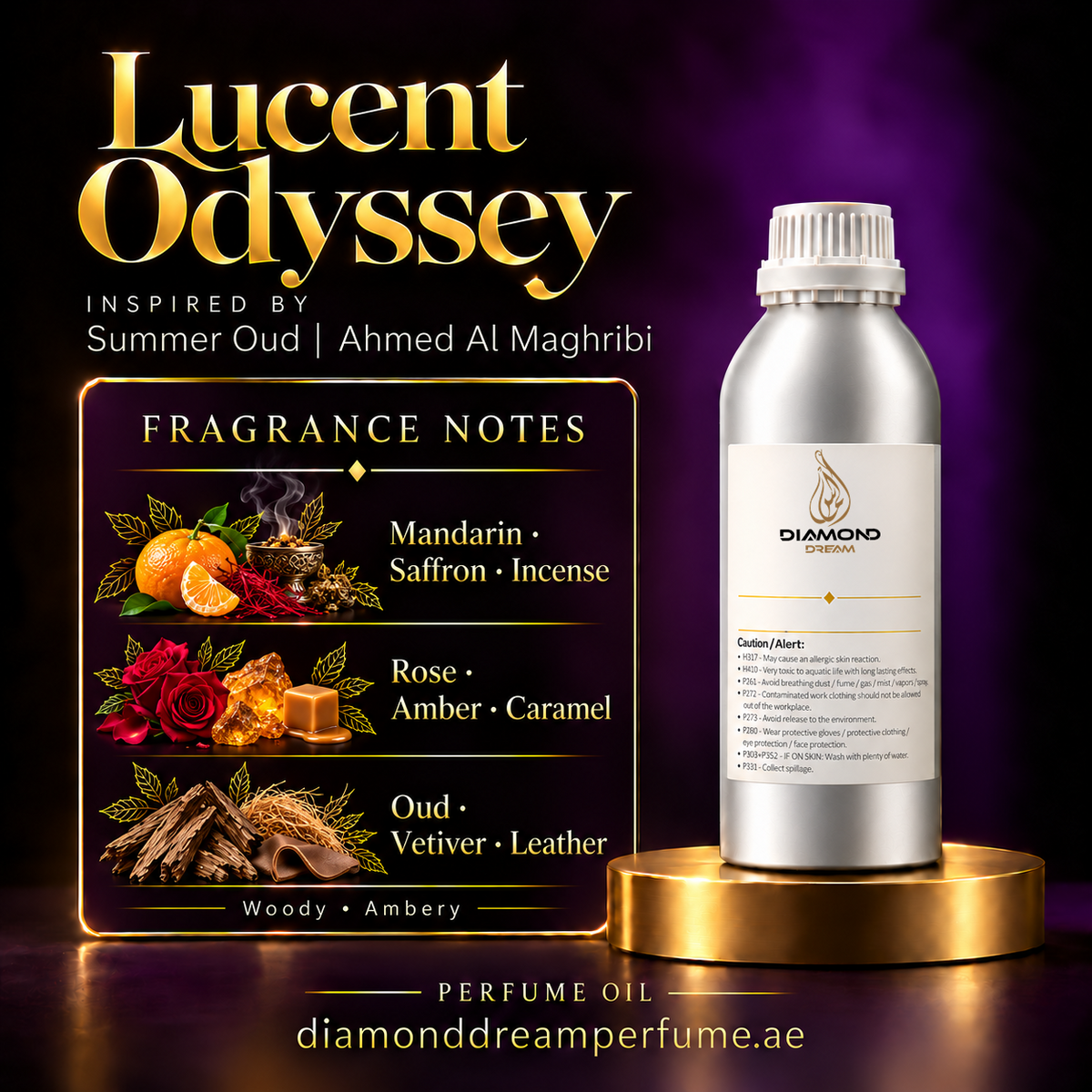 Lucent Odyssey perfume oil — inspired by Summer Oud | Ahmed Al Maghribi; notes: Mandarin · Saffron · Incense; Rose · Amber · Caramel; Oud · Vetiver · Leather.
