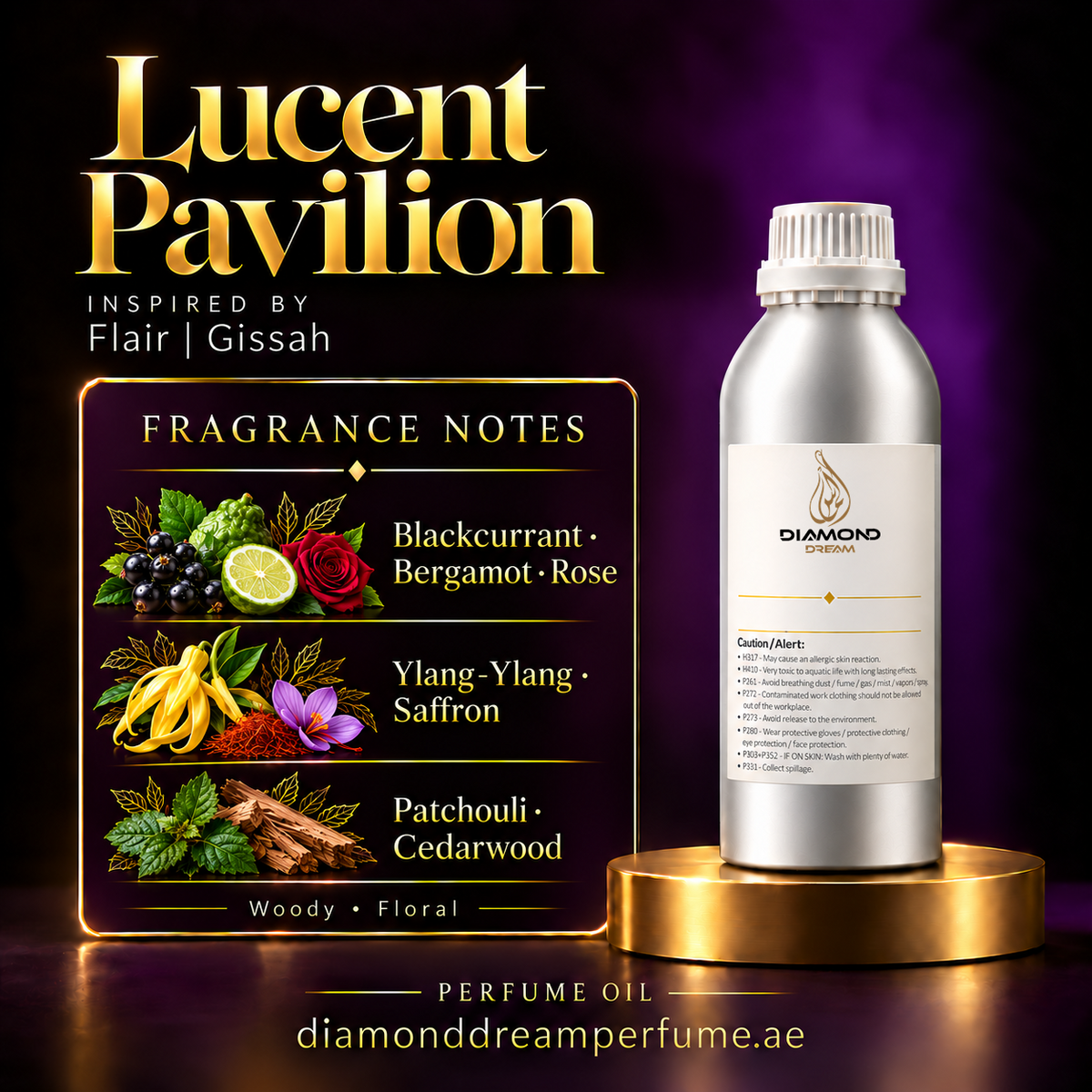 Lucent Pavilion perfume oil — inspired by Flair | Gissah; notes: Blackcurrant · Bergamot · Rose; Ylang-Ylang · Saffron; Patchouli · Cedarwood.