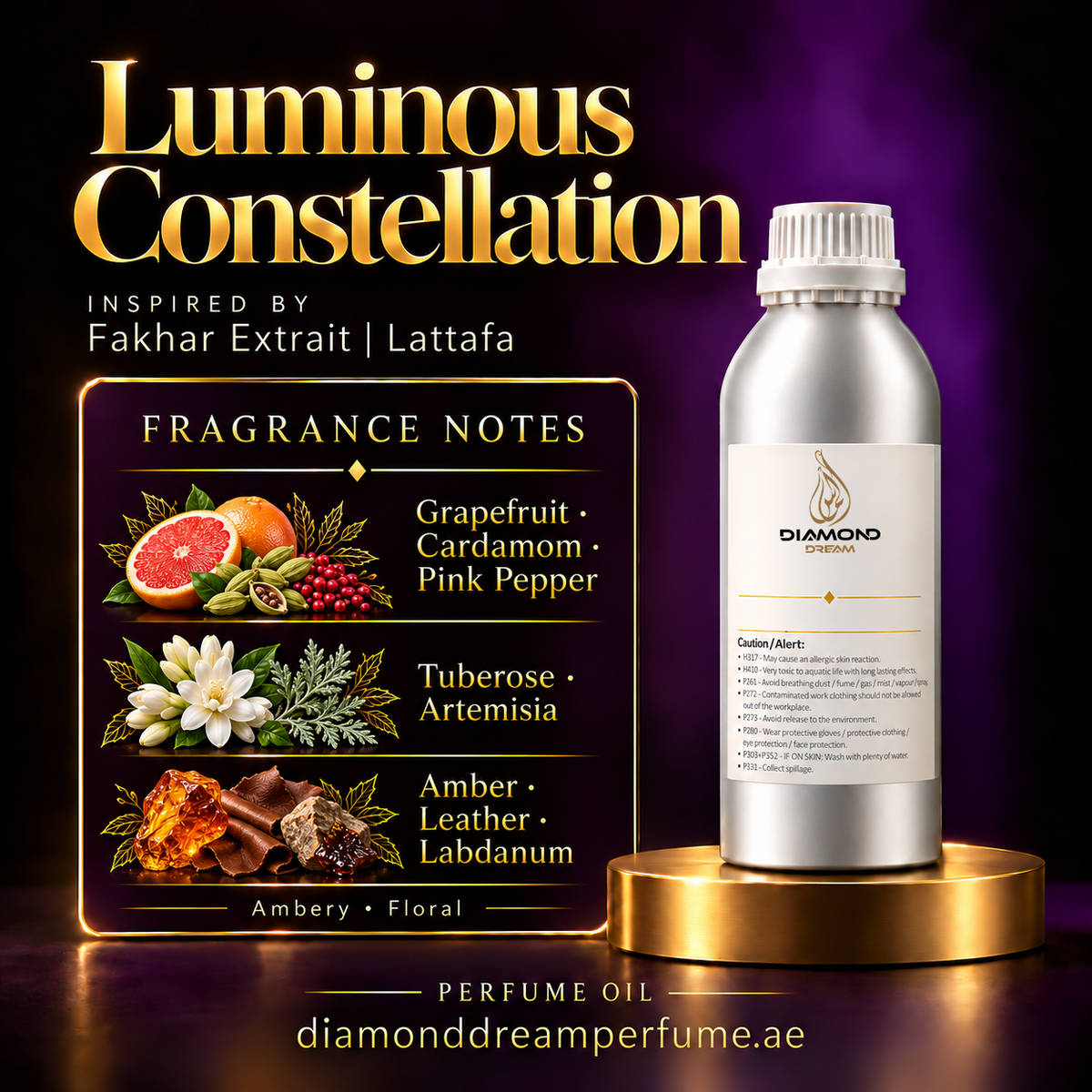 Luminous Constellation perfume oil — inspired by Fakhar Extrait | Lattafa; notes: Grapefruit · Cardamom · Pink Pepper; Tuberose · Artemisia; Amber · Leather · Labdanum.