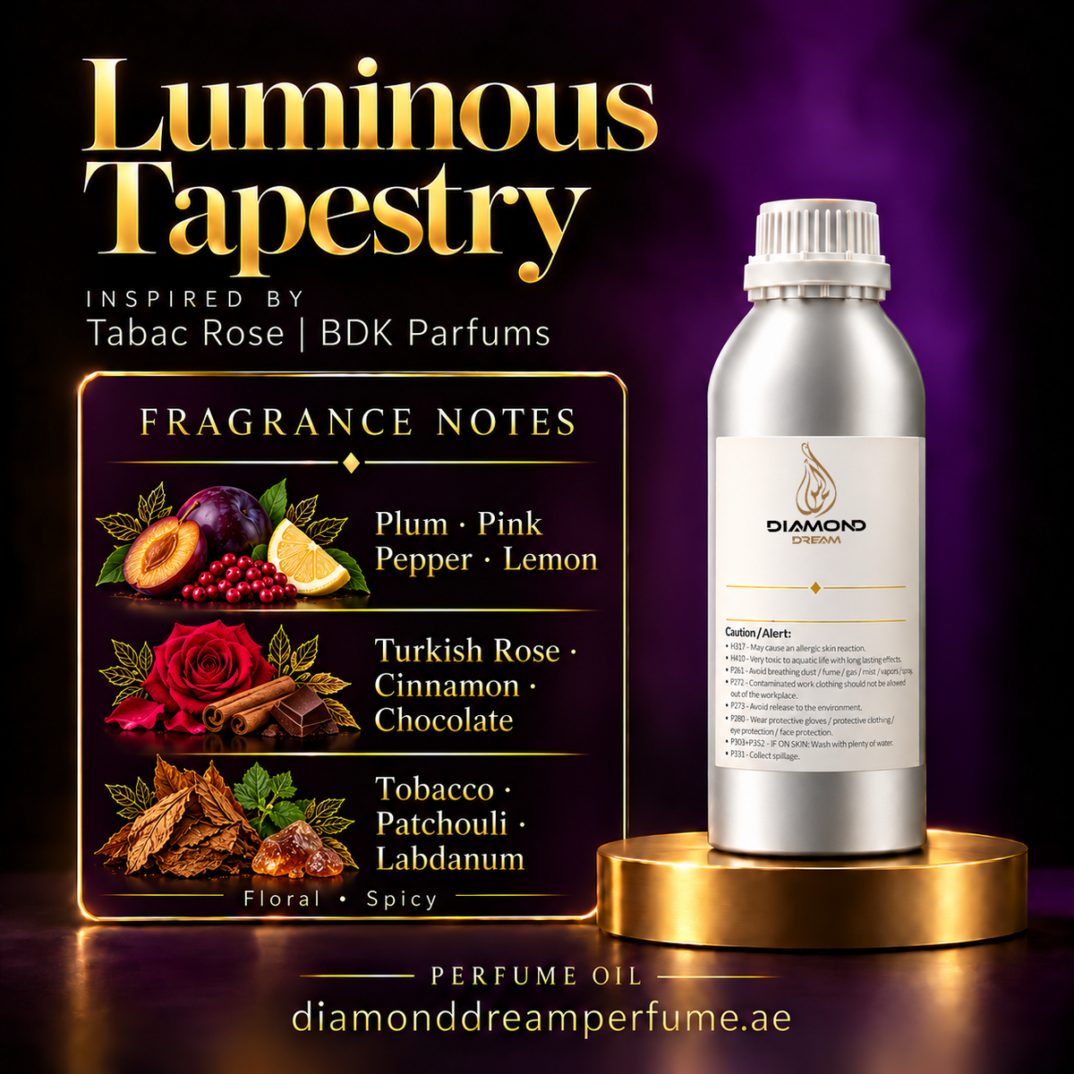 Luminous Tapestry perfume oil — inspired by Tabac Rose | BDK Parfums; notes: Plum · Pink Pepper · Lemon; Turkish Rose · Cinnamon · Chocolate; Tobacco · Patchouli · Labdanum.