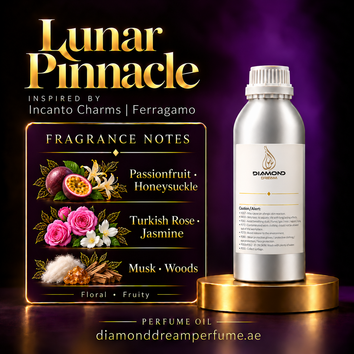 Lunar Pinnacle perfume oil — inspired by Incanto Charms | Ferragamo; notes: Passionfruit · Honeysuckle; Turkish Rose · Jasmine; Musk · Woods.