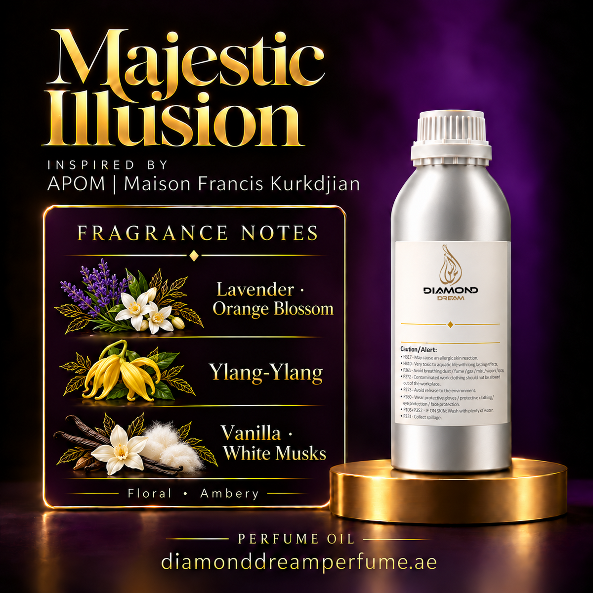 Majestic Illusion perfume oil — inspired by APOM | Maison Francis Kurkdjian; notes: Lavender · Orange Blossom; Ylang-Ylang; Vanilla · White Musks.