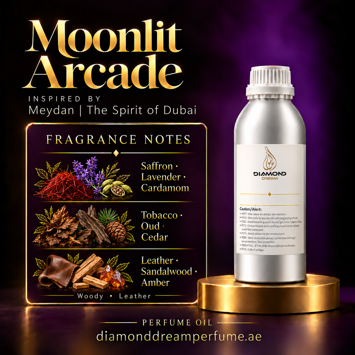 Moonlit Arcade perfume oil — inspired by Meydan | The Spirit of Dubai; notes: Saffron · Lavender · Cardamom; Tobacco · Oud · Cedar; Leather · Sandalwood · Amber.