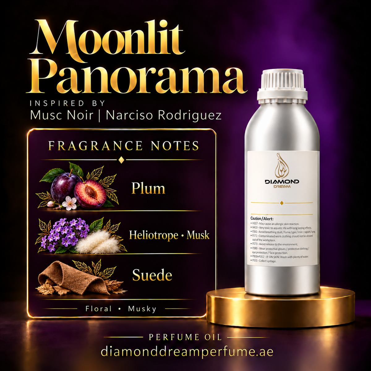 Moonlit Panorama perfume oil — inspired by Musc Noir | Narciso Rodriguez; notes: Plum; Heliotrope · Musk; Suede.