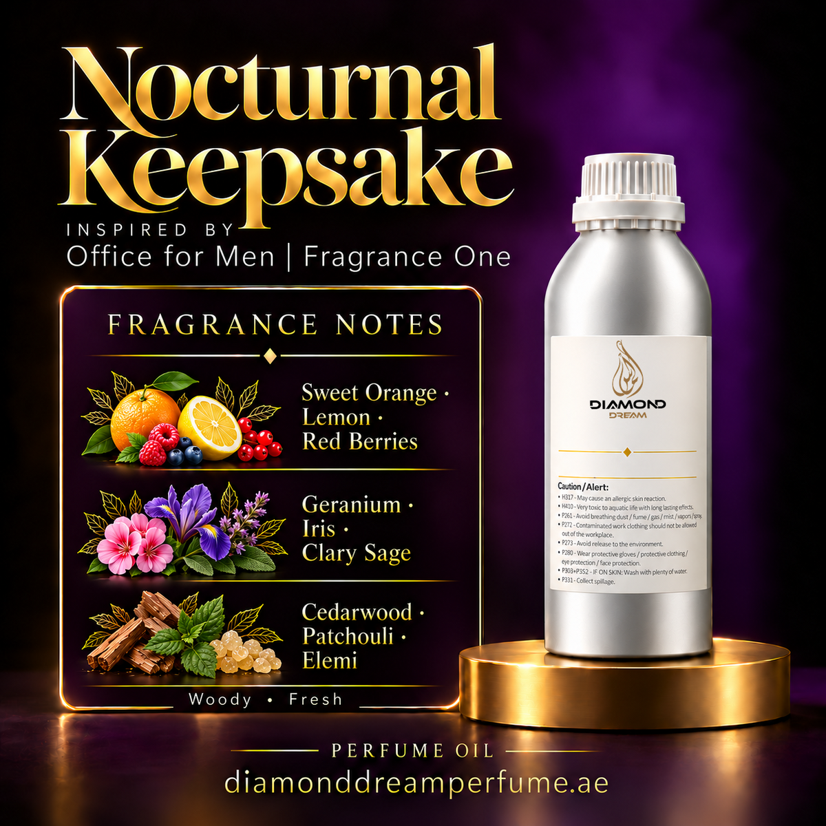 Nocturnal Keepsake perfume oil — inspired by Office for Men | Fragrance One; notes: Sweet Orange · Lemon · Red Berries; Geranium · Iris · Clary Sage; Cedarwood · Patchouli · Elemi.