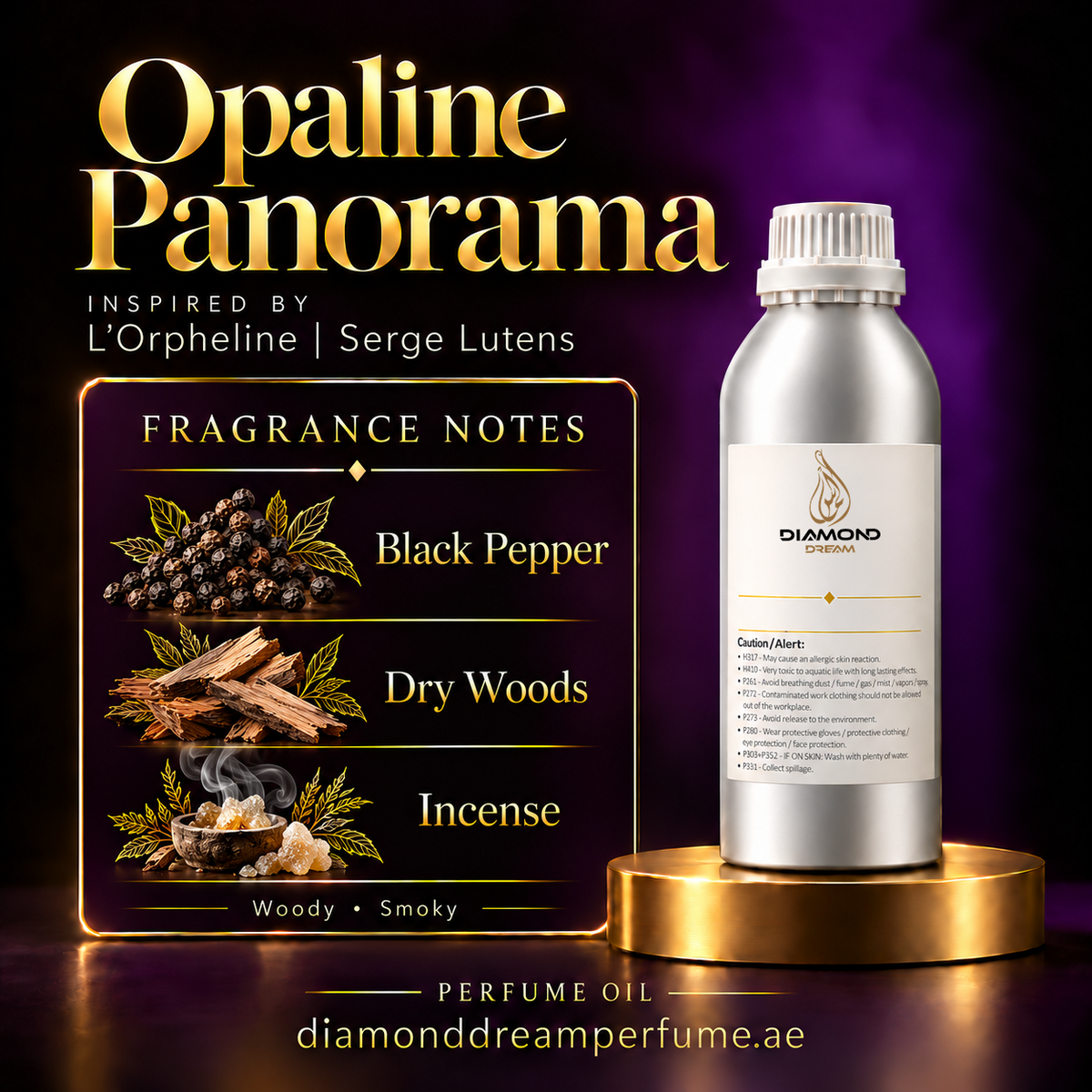 Opaline Panorama perfume oil — inspired by L’Orpheline | Serge Lutens; notes: Black Pepper; Dry Woods; Incense.