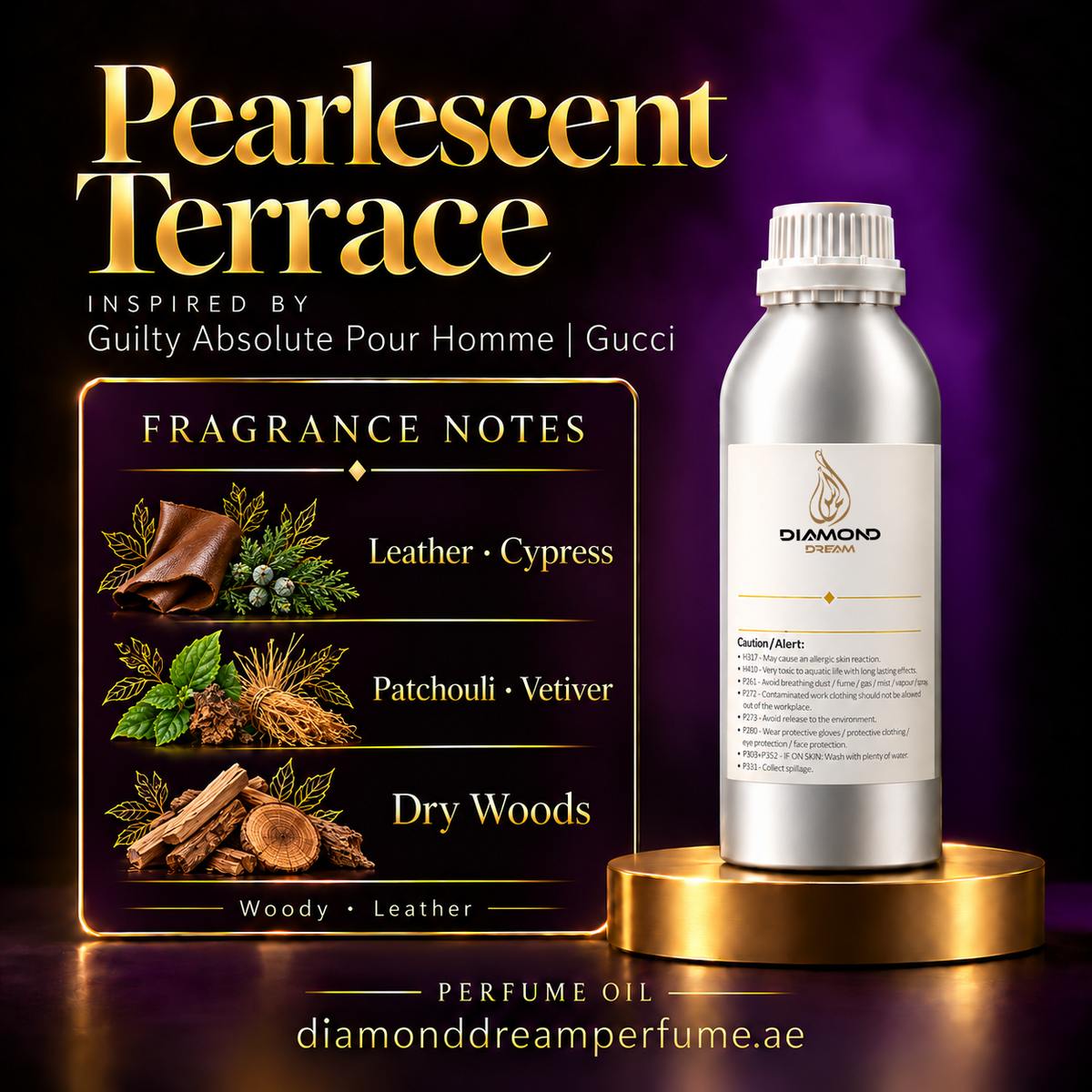 Pearlescent Terrace perfume oil — inspired by Guilty Absolute Pour Homme | Gucci; notes: Leather · Cypress; Patchouli · Vetiver; Dry Woods.