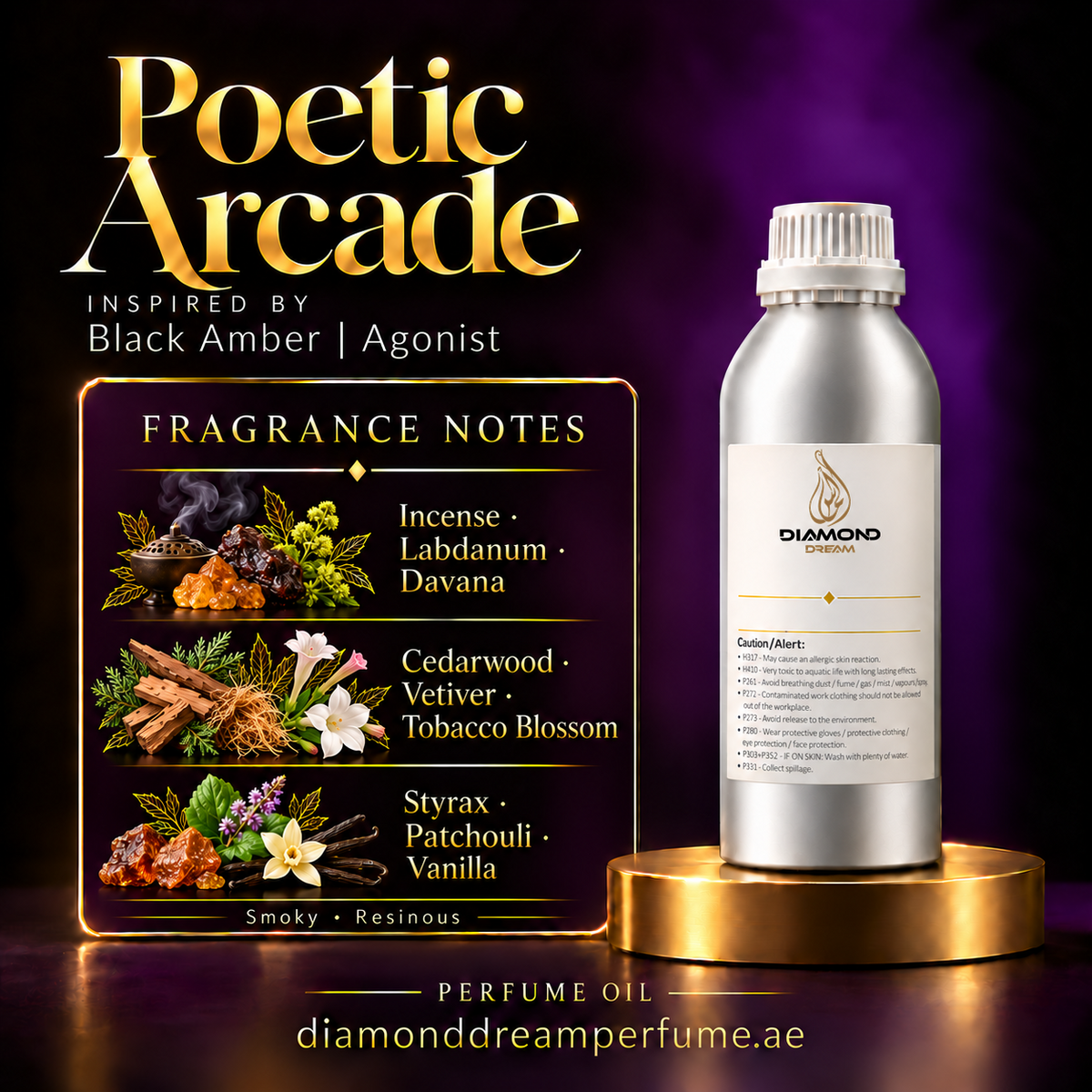 Poetic Arcade perfume oil — inspired by Black Amber | Agonist; notes: Incense · Labdanum · Davana; Cedarwood · Vetiver · Tobacco Blossom; Styrax · Patchouli · Vanilla.