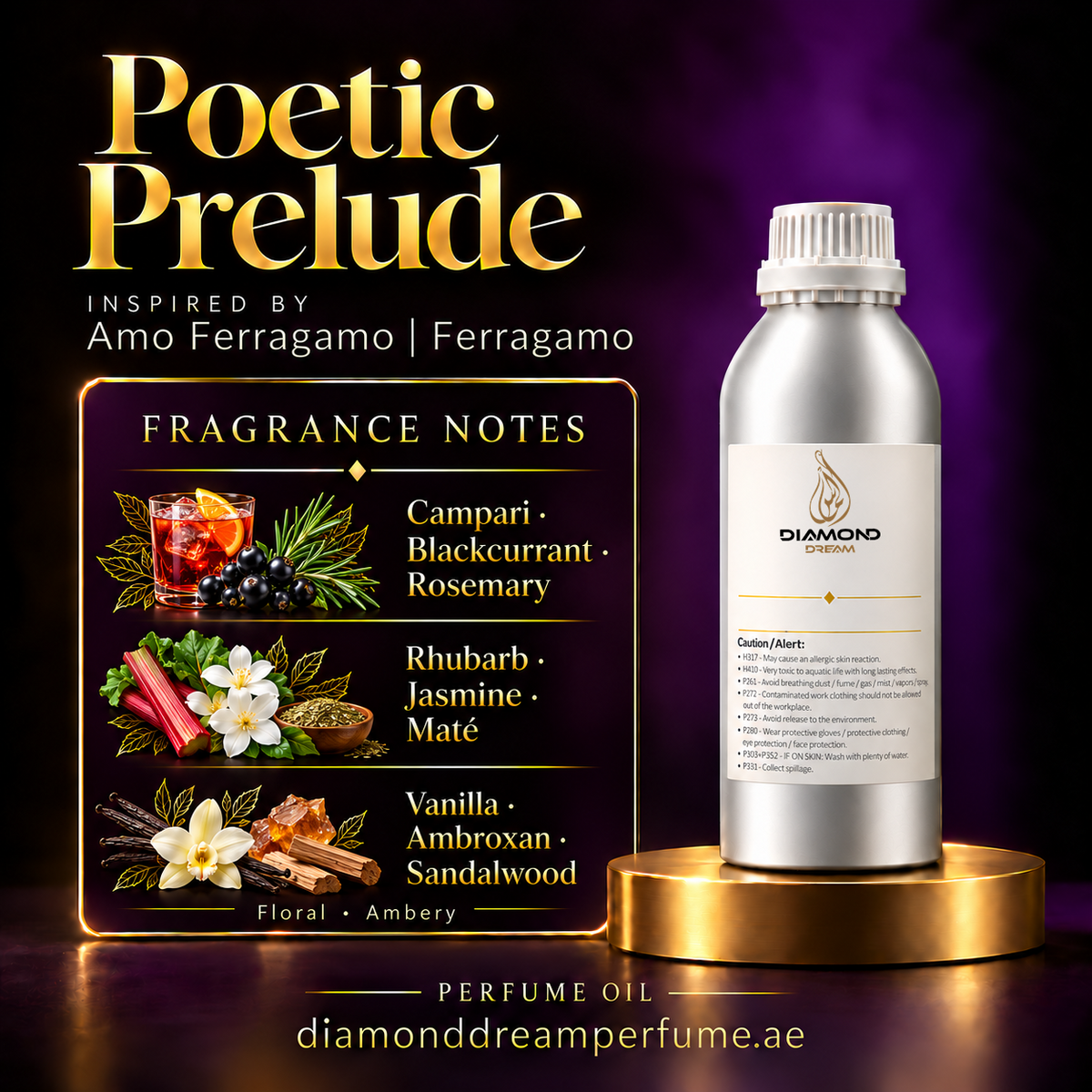 Poetic Prelude perfume oil — inspired by Amo Ferragamo | Ferragamo; notes: Campari · Blackcurrant · Rosemary; Rhubarb · Jasmine · Maté; Vanilla · Ambroxan · Sandalwood.