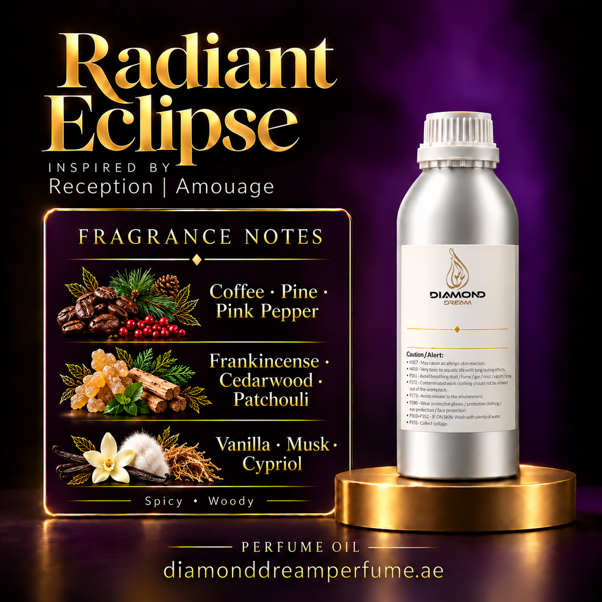 Radiant Eclipse perfume oil — inspired by Reception | Amouage; notes: Coffee · Pine · Pink Pepper; Frankincense · Cedarwood · Patchouli; Vanilla · Musk · Cypriol.