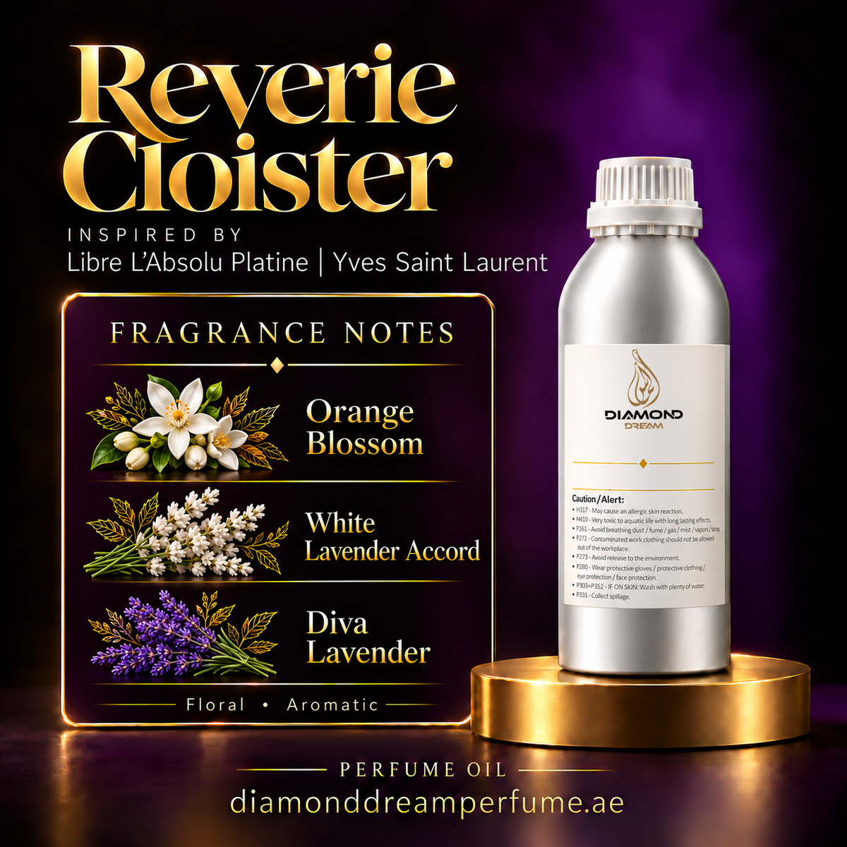 Reverie Cloister perfume oil — inspired by Libre L’Absolu Platine | Yves Saint Laurent; notes: Orange Blossom; White Lavender Accord; Diva Lavender.