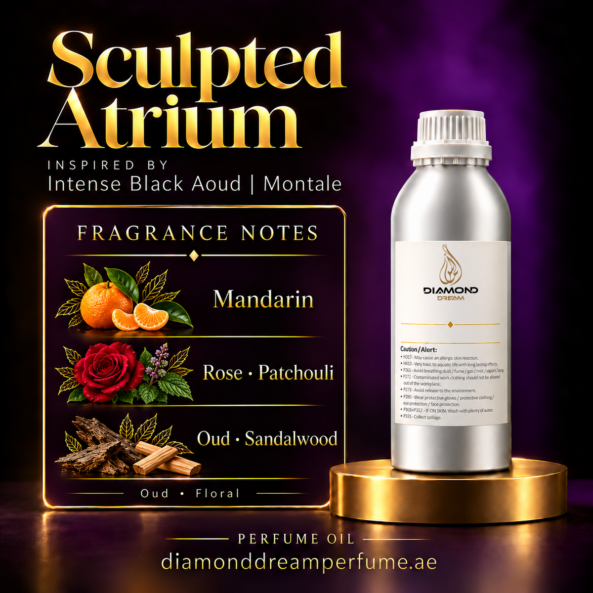 Sculpted Atrium perfume oil — inspired by Intense Black Aoud | Montale; notes: Mandarin; Rose · Patchouli; Oud · Sandalwood.