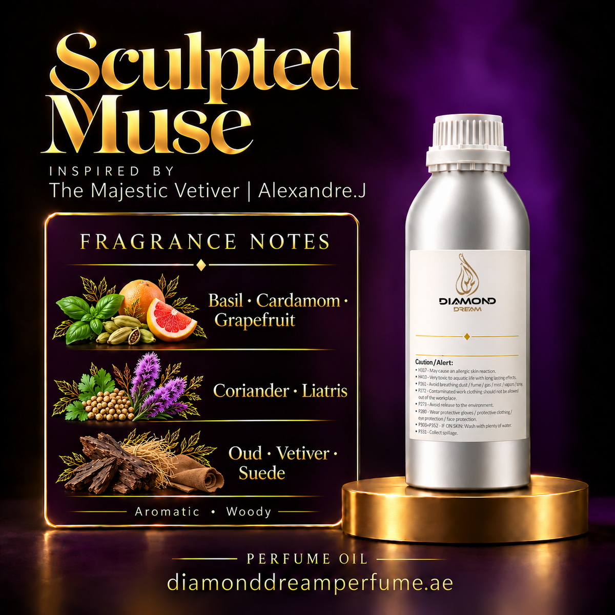 Sculpted Muse perfume oil — inspired by The Majestic Vetiver | Alexandre.J; notes: Basil · Cardamom · Grapefruit; Coriander · Liatris; Oud · Vetiver · Suede.