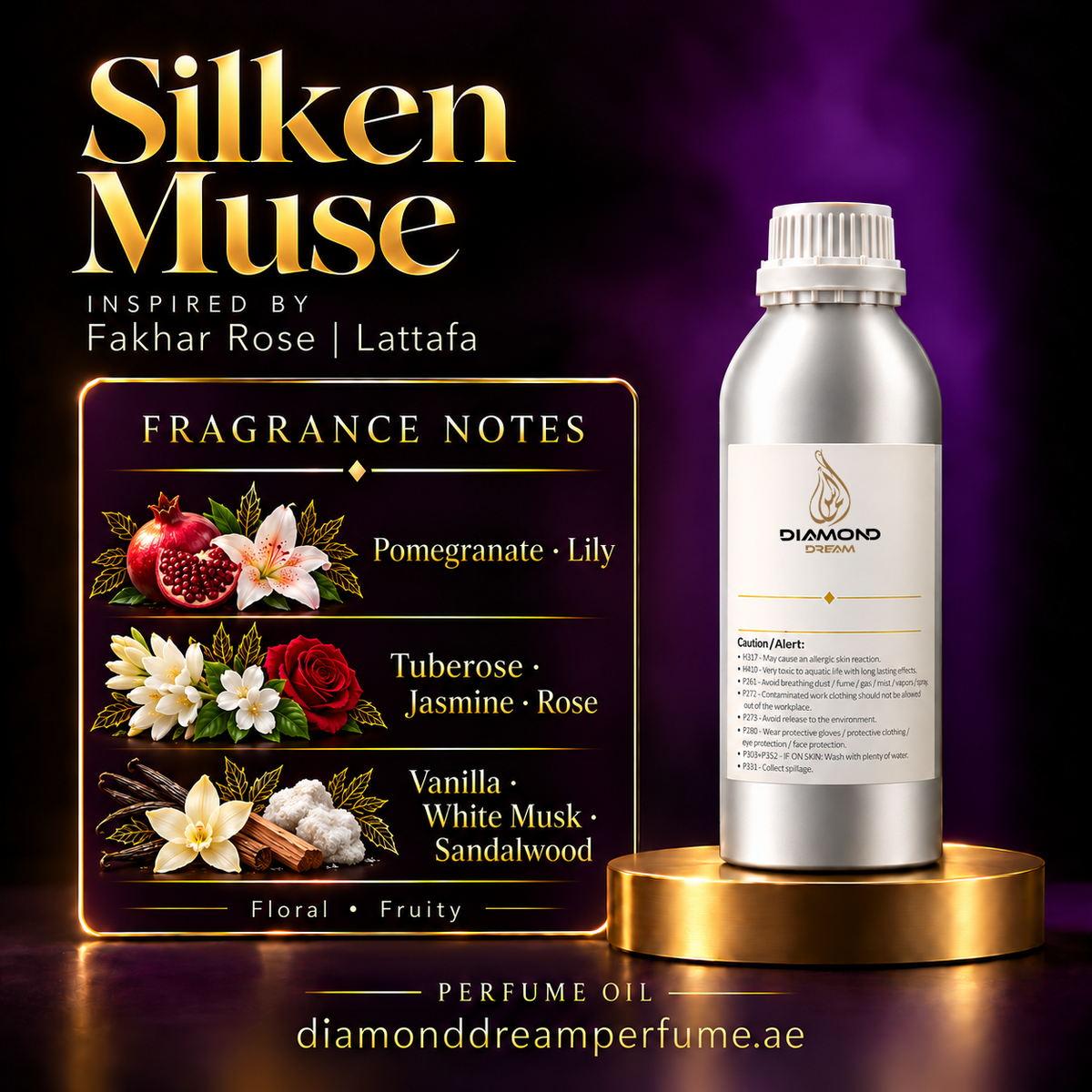 Silken Muse perfume oil — inspired by Fakhar Rose | Lattafa; notes: Pomegranate · Lily; Tuberose · Jasmine · Rose; Vanilla · White Musk · Sandalwood.