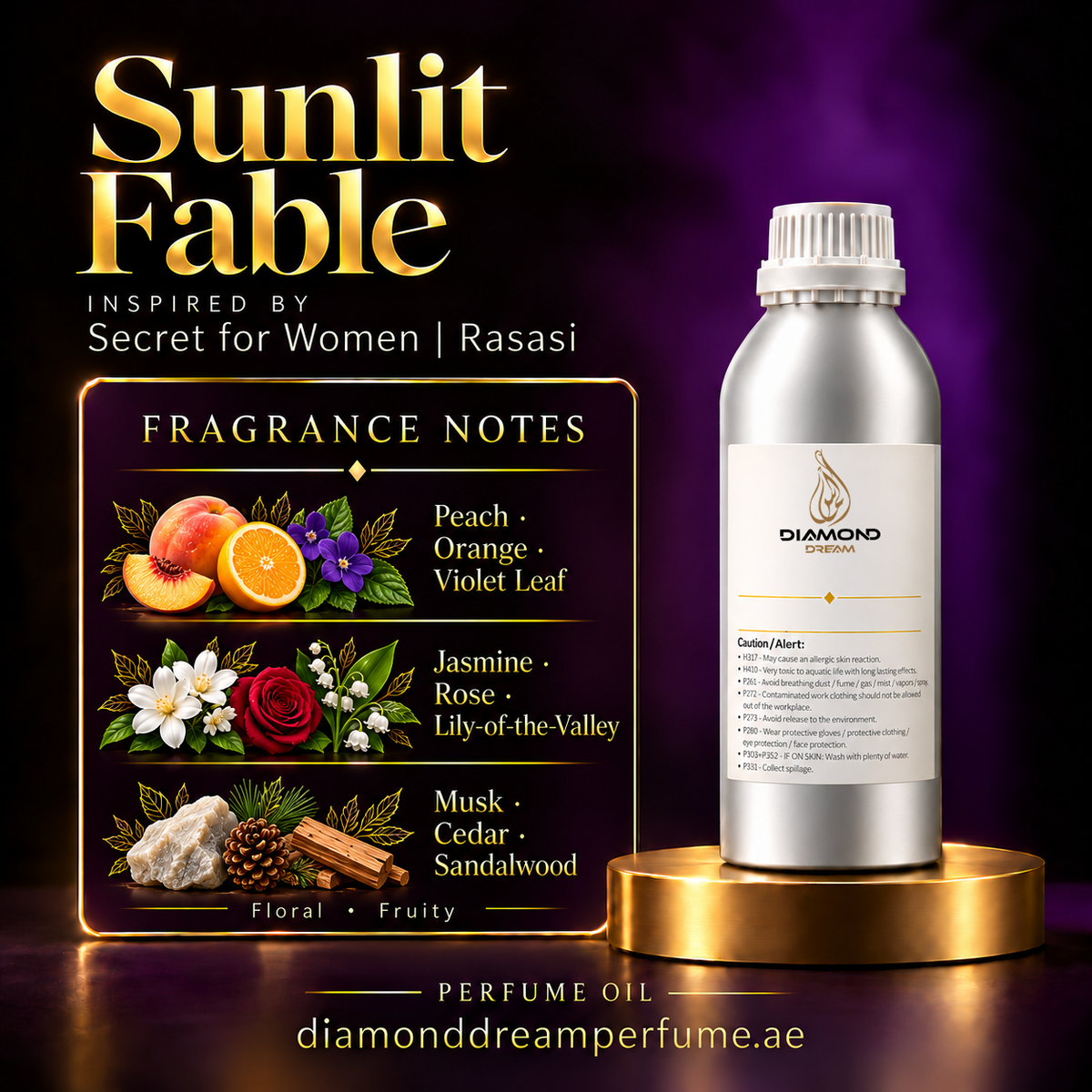 Sunlit Fable perfume oil — inspired by Secret for Women | Rasasi; notes: Peach · Orange · Violet Leaf; Jasmine · Rose · Lily-of-the-Valley; Musk · Cedar · Sandalwood.