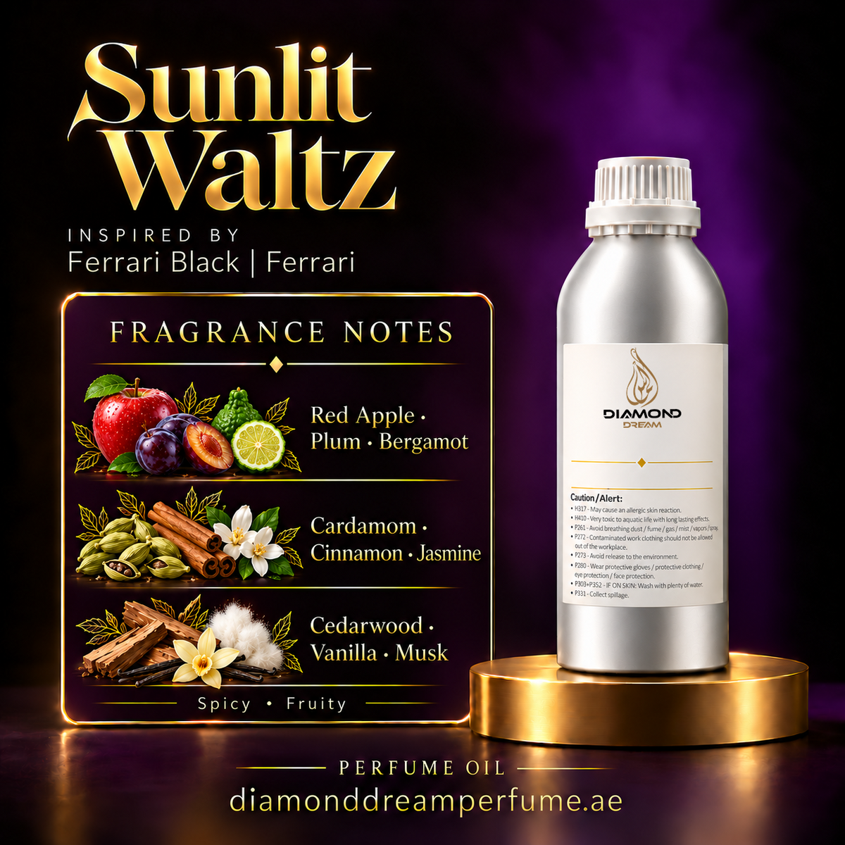 Sunlit Waltz perfume oil — inspired by Ferrari Black | Ferrari; notes: Red Apple · Plum · Bergamot; Cardamom · Cinnamon · Jasmine; Cedarwood · Vanilla · Musk.