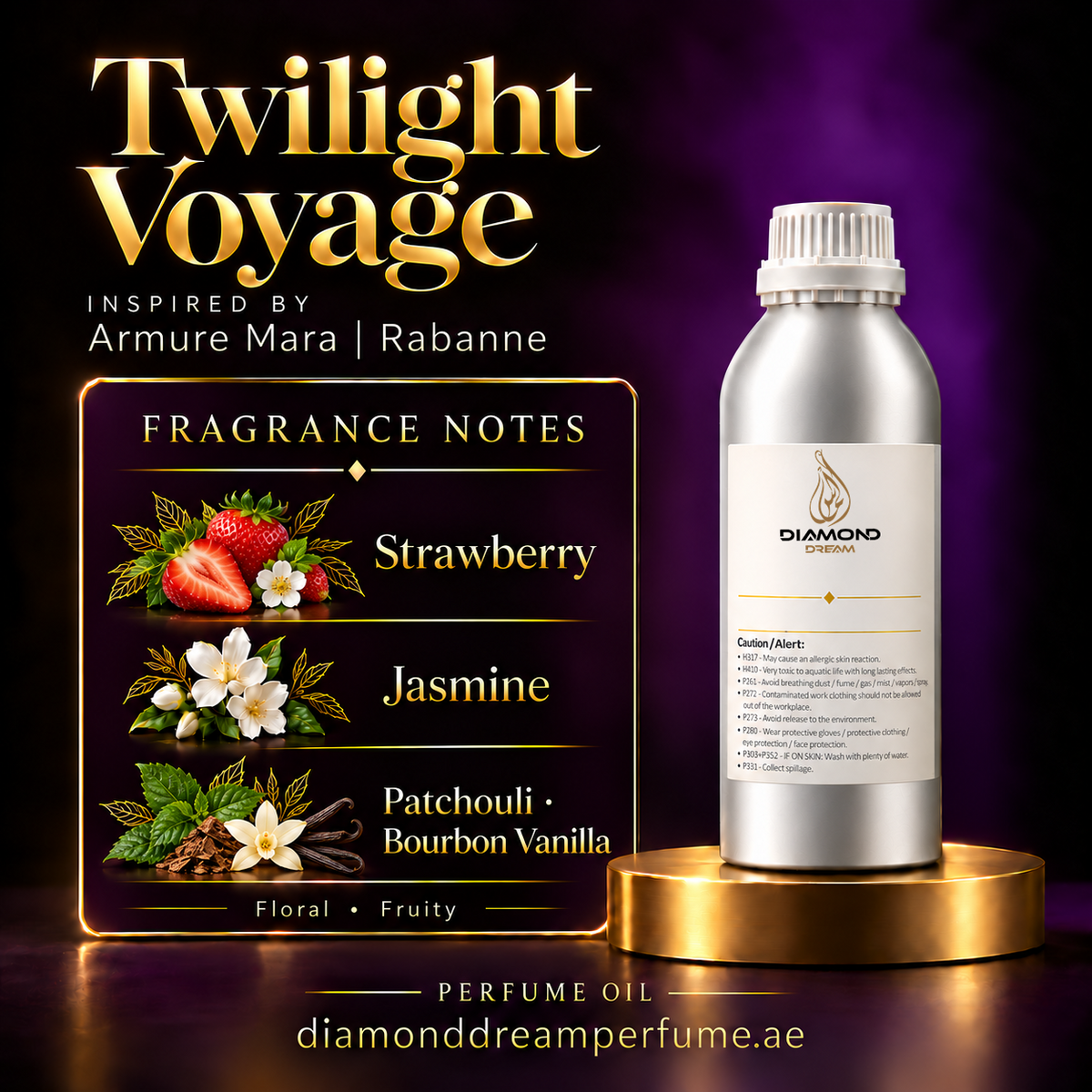 Twilight Voyage perfume oil — inspired by Armure Mara | Rabanne; notes: Strawberry; Jasmine; Patchouli · Bourbon Vanilla.
