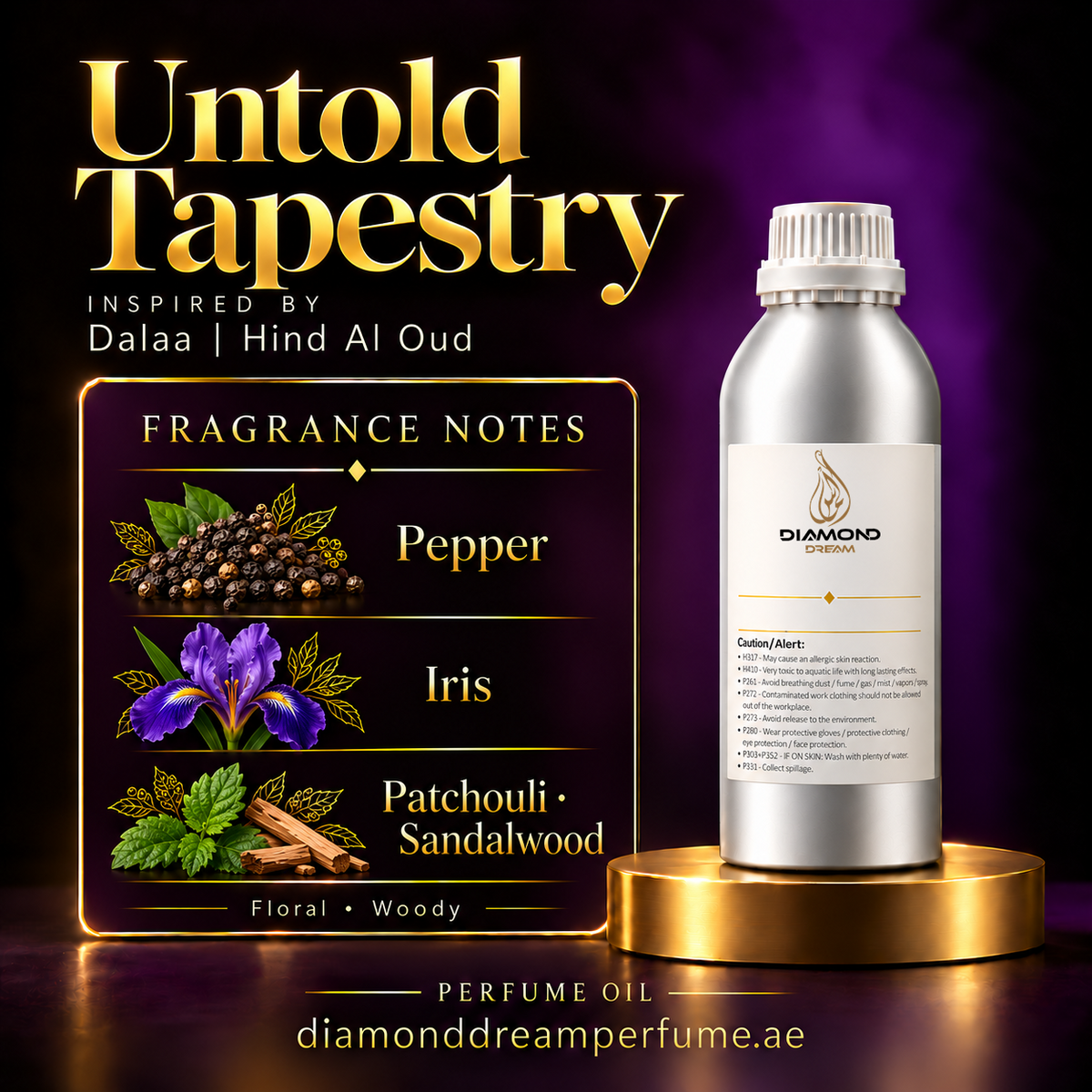 Untold Tapestry perfume oil — inspired by Dalaa | Hind Al Oud; notes: Pepper; Iris; Patchouli · Sandalwood.