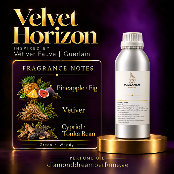 Velvet Horizon perfume oil — inspired by Vétiver Fauve | Guerlain; notes: Pineapple · Fig; Vetiver; Cypriol · Tonka Bean.