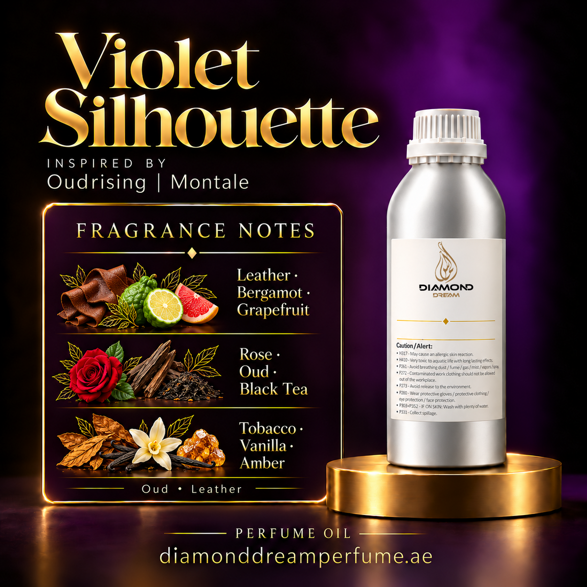 Violet Silhouette perfume oil — inspired by Oudrising | Montale; notes: Leather · Bergamot · Grapefruit; Rose · Oud · Black Tea; Tobacco · Vanilla · Amber.